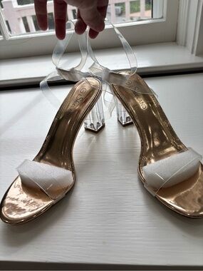 Sheer Strap Rose Gold Block Heel Sandals by Shoe Land